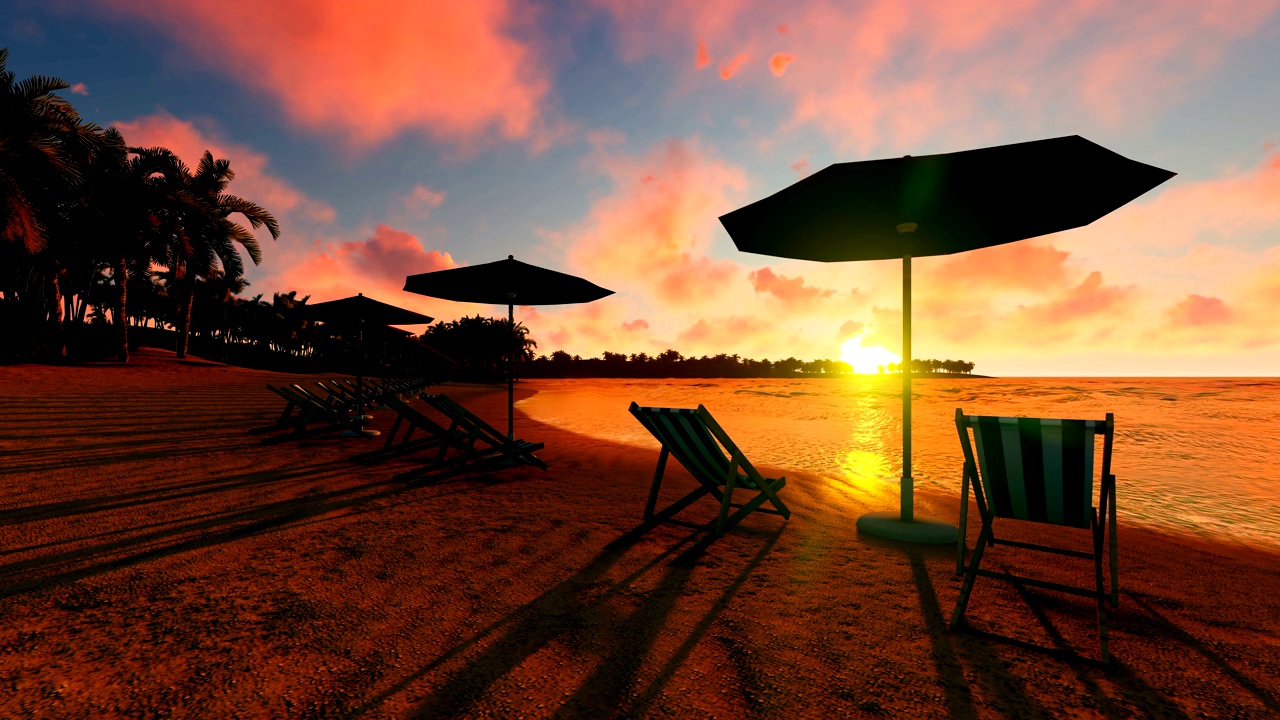 日落的海滩上满是椅子和雨伞视频素材