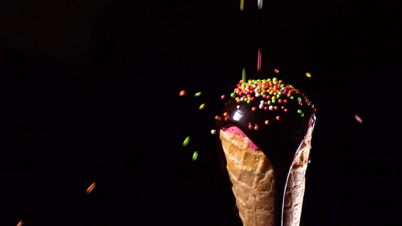 融化在冰淇淋上的黑巧克力和大量的糖彩色球视频下载