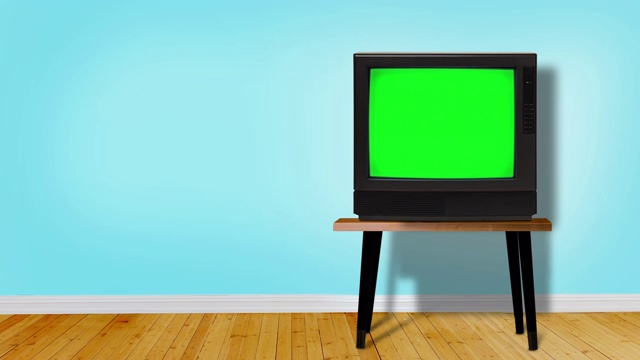 复古电视与色度键屏幕在蓝色房间与拷贝空间MOD视频素材