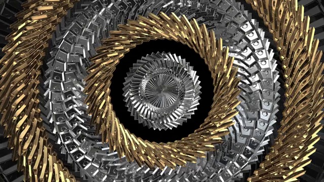 抽象的金属圆扭曲形状的无缝循环动画，抽象的引擎螺旋。视频下载