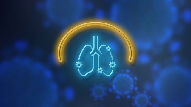 冠状病毒Covid-19带感染肺部符号霓虹灯，蓝色背景，4K分辨率视频下载