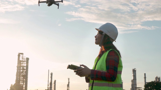 在土木工程项目中，亚洲女工程师在日出时操控无人机在炼油厂上空进行建筑工地勘测。视频素材