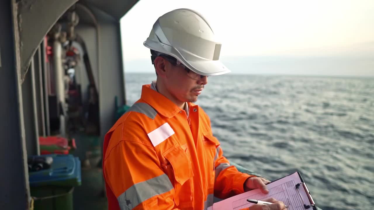 在近海船只或船只甲板上的菲律宾甲板官员填写核对表。文书工作在海上视频下载