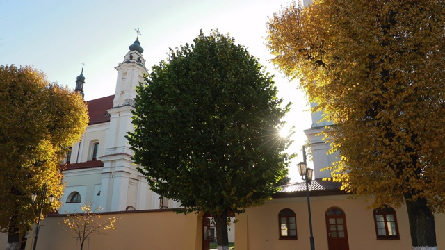 白俄罗斯布列斯特地区的平斯克。圣母玛利亚大教堂和灰修士修道院。著名的历史地标。阳光阳光在秋天晴朗的一天视频下载