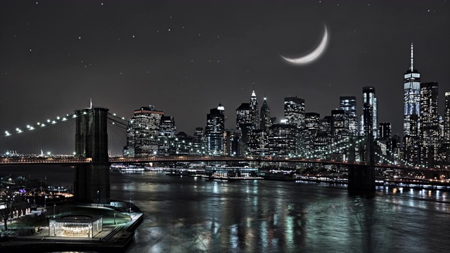 的夜晚。谜。纽约。月球。仙女和曼哈顿金融区。视频下载