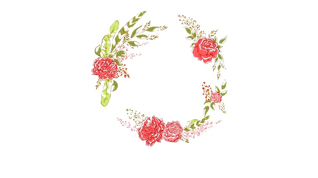 粉红色的玫瑰和绿色的叶子。装饰图案的动画视频下载