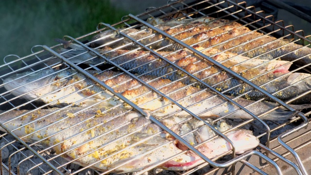 在木炭上烤鲈鱼或石斑鱼。在烧烤盘上用香料烹饪海鲜的特写镜头视频下载