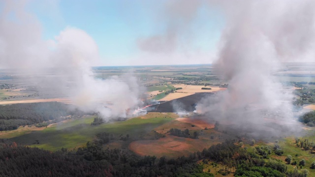 麦田火灾鸟瞰图。飞过农田上空的烟雾视频素材