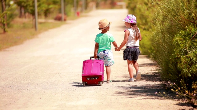 戴着帽子的孩子们手拿粉红色的手提箱在路上走着视频下载