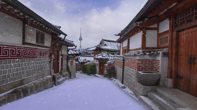 北川韩屋村的冬天和雪视频素材