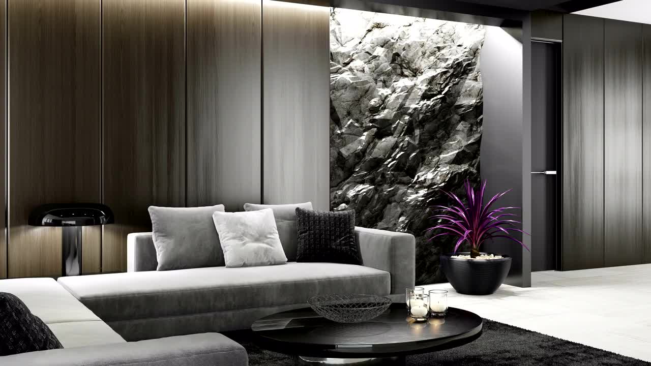 改变LED颜色的环境光在豪华休息室的石墙上的RGB环境灯概念视频下载