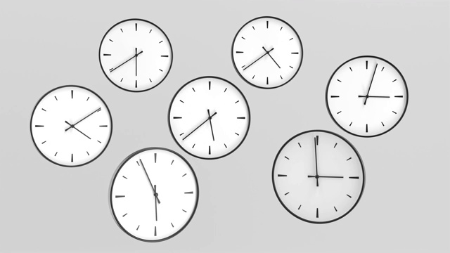 时钟动画，许多物体具有不同的时间。灰色背景上最小的白色设计。三维渲染视频下载