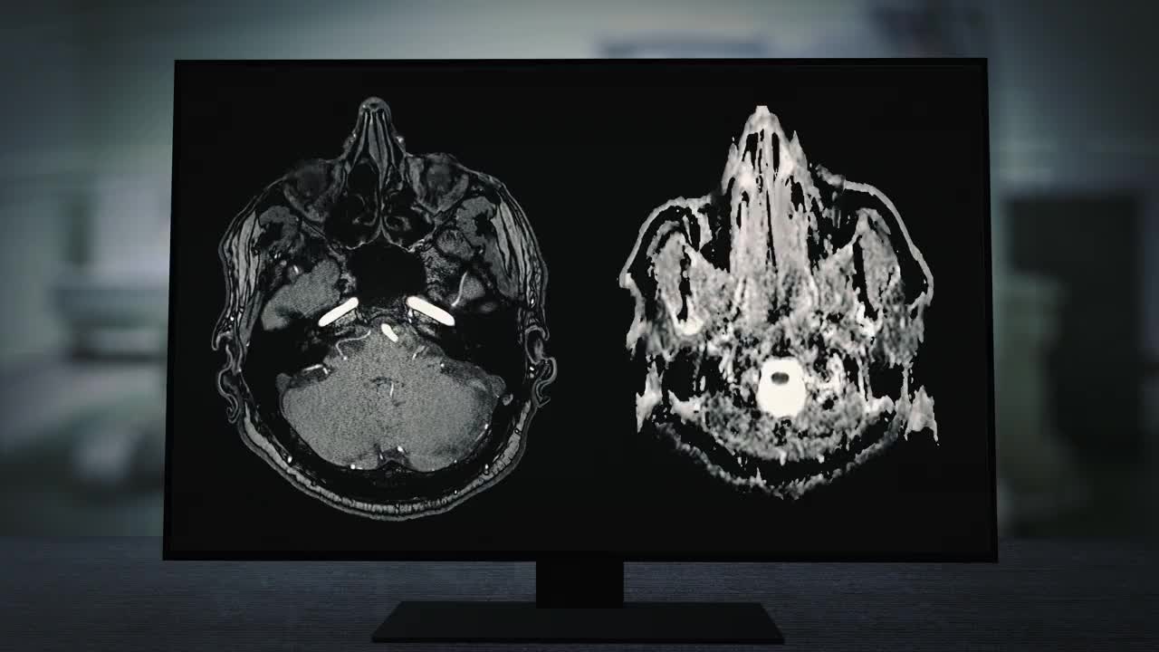 CT脑扫描图像在磁共振成像(MRI)监视器视频素材