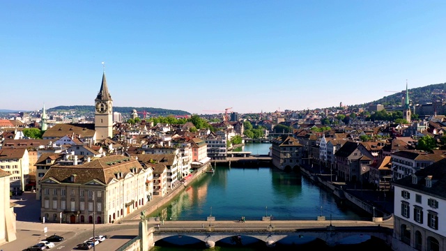 航拍瑞士苏黎世老城利马特河沿岸视频下载