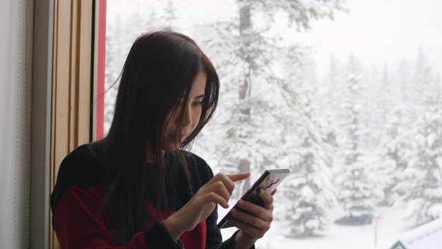 一个女人在用智能手机，窗户被雪覆盖着视频下载