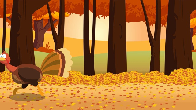 感恩节火鸡鸟卡通人物在森林里奔跑视频下载