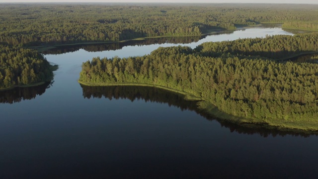 飞越有湖泊和森林的荒野景观视频素材