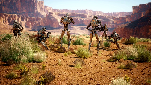 在炎热的沙漠里，军用机器人正在为战斗做准备。动画小说，未来或科幻背景。视频素材