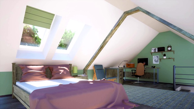 阁楼卧室，双人床和家庭办公室视频下载