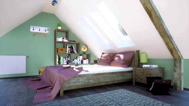 双人床在现代卧室室内阁楼3D动画视频素材