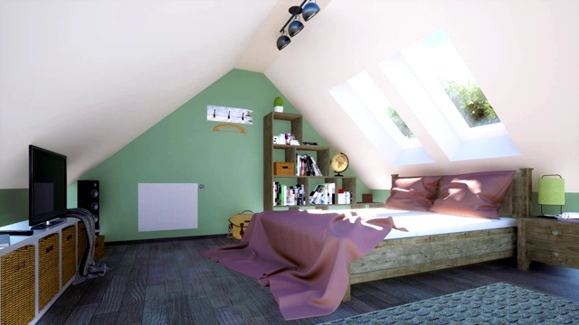 舒适的卧室内部在阁楼与双人床3D动画视频素材