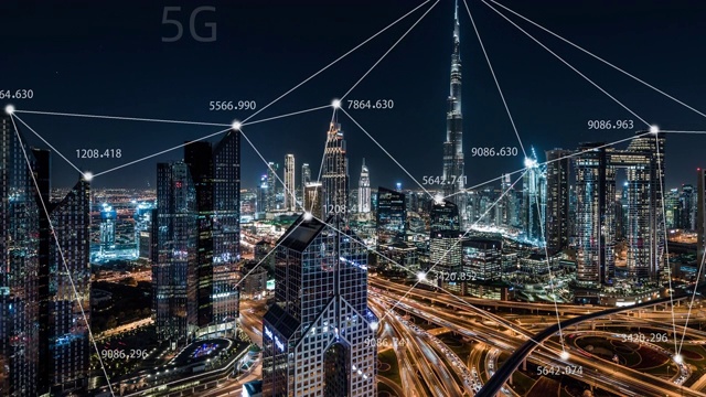 T/L迪拜城市天际线和5G网络概念，从白天到夜晚/阿联酋视频素材