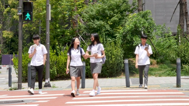 穿着校服的青少年在人行横道上过马路视频素材
