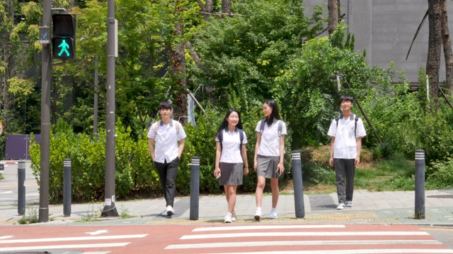 穿着校服的青少年在人行横道上过马路视频下载