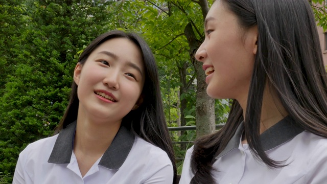 穿着校服的少女们在长凳上聊天视频素材