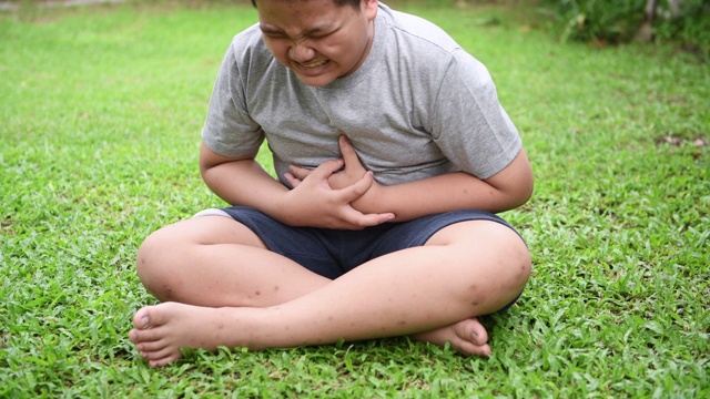 肥胖的胖男孩坐在草坪上忍受着胃痛，因为食物中毒视频下载