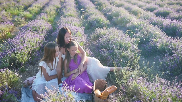 美丽的家庭母亲和她的女儿们在紫色的花薰衣草地野餐视频下载