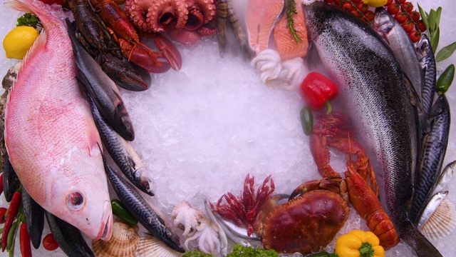 俯视图的各种新鲜鱼和海鲜在冰上与干冰烟。视频素材