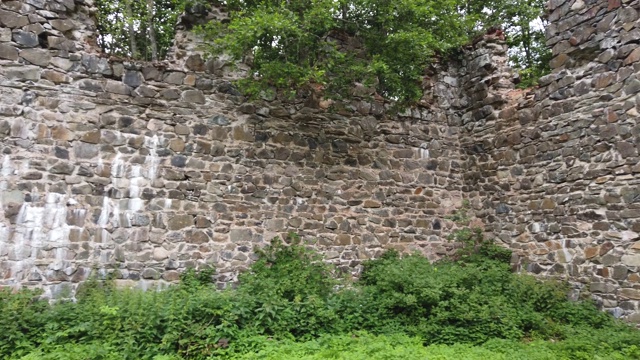 古老的砖墙。杂草丛生的旧建筑废墟视频素材