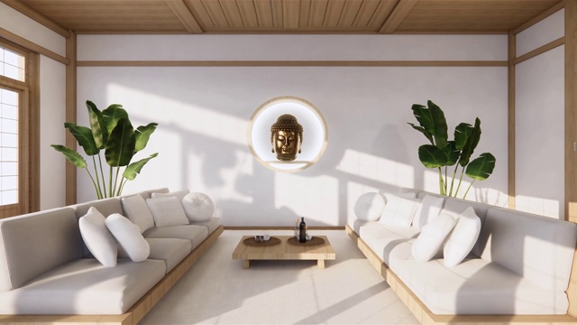 空房间沙发上日式设计榻榻米地板，3D渲染视频下载