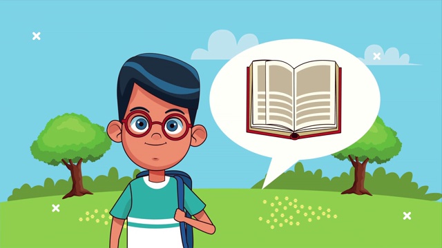 小学生男孩在书中思考动画人物视频下载