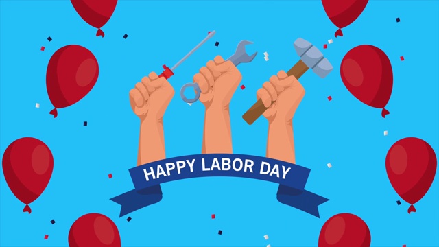 劳动节快乐庆祝用手举起工具和气球氦气视频下载