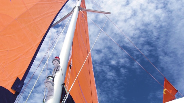 看主帆，头帆，桅杆的帆船对着蓝色的夏天的天空视频下载