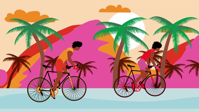 非洲裔美国人骑自行车的男女正在日落时分的海滩上骑自行车。夏季卡通动画，平面设计，循环4k视频下载