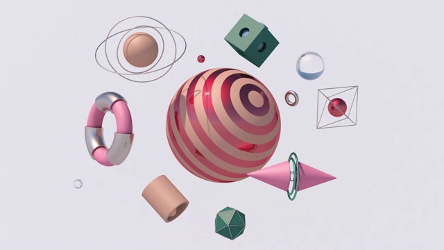 彩色几何形状。大条纹球体。抽象动画，3d渲染。视频素材