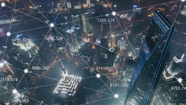T/L TD 5G概念和城市网络上海夜/上海，中国视频下载