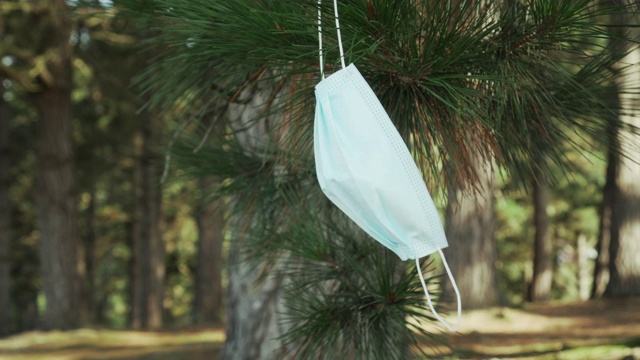 在圣诞节前夕和新年期间，医用口罩悬挂在户外的松枝上视频素材