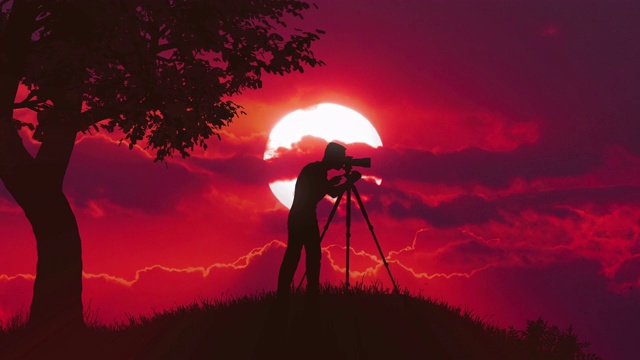 男人在山上拍摄日落，3D动画视频下载