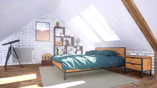 室内舒适的现代卧室在阁楼3D动画视频下载
