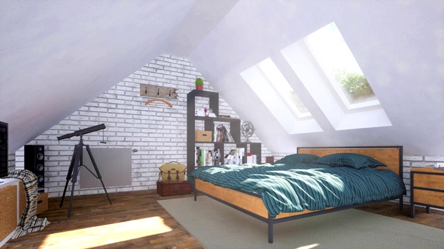 明亮的现代卧室室内阁楼三维动画视频素材