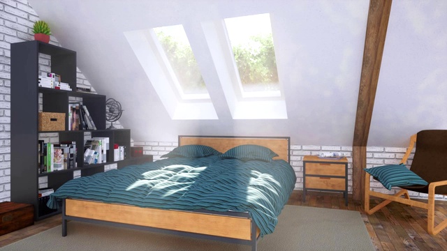 舒适的现代卧室在阁楼与双人床3D动画视频素材