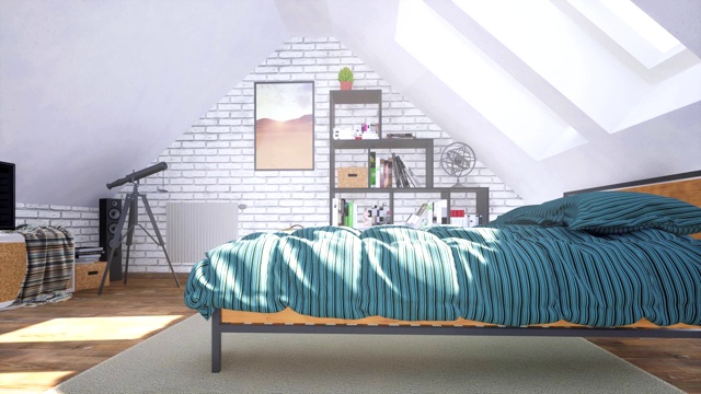 明亮的现代卧室内部在阁楼与双人床3D动画视频素材