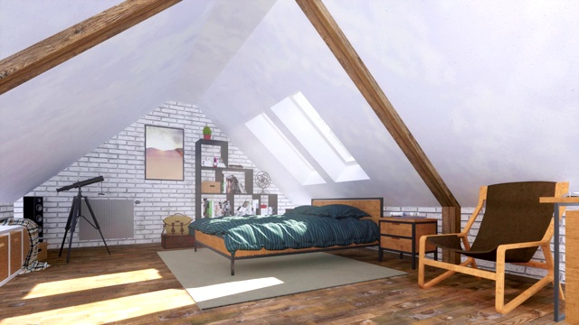 阁楼地板上舒适的现代卧室室内视频素材