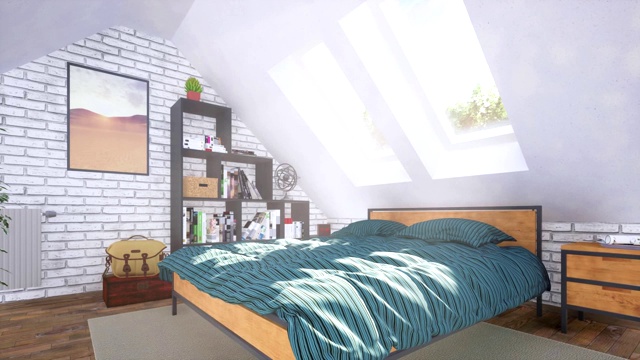 双人床在现代卧室室内阁楼3D动画视频下载