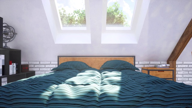双人床的特写在阁楼卧室内部3D动画视频素材