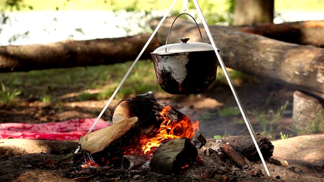 夏天，游客们在篝火上吃火锅视频素材